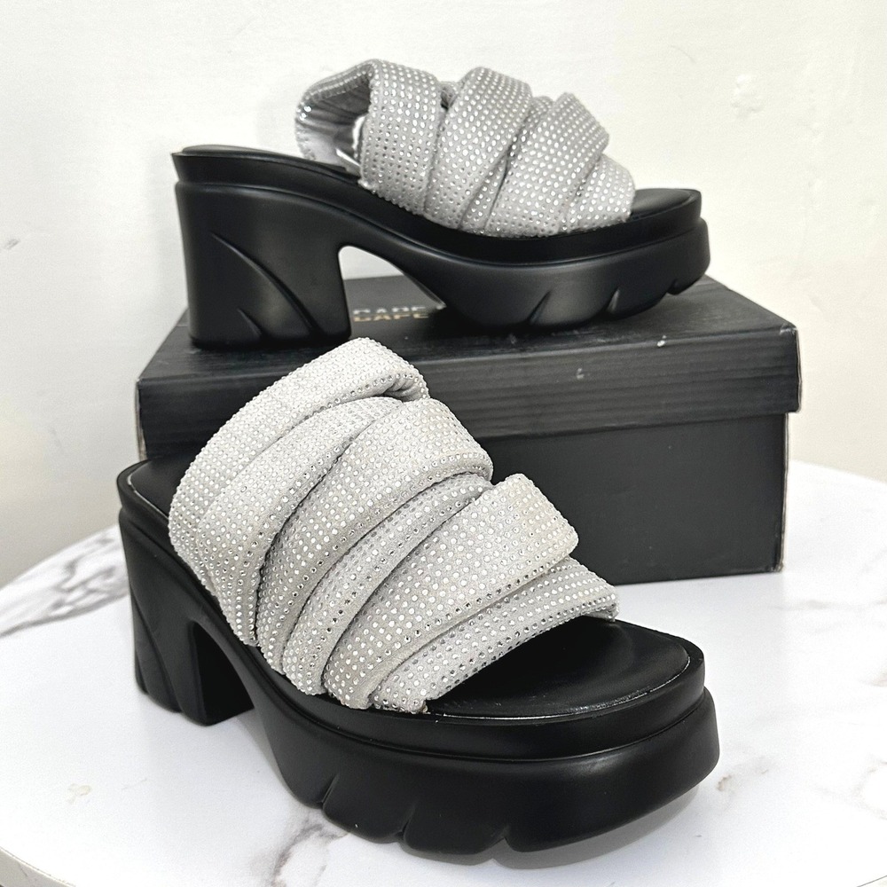 Cape Robbin Silver Rhinestone Black Platform Lug Sole Slides Size 7 Y2K Bling